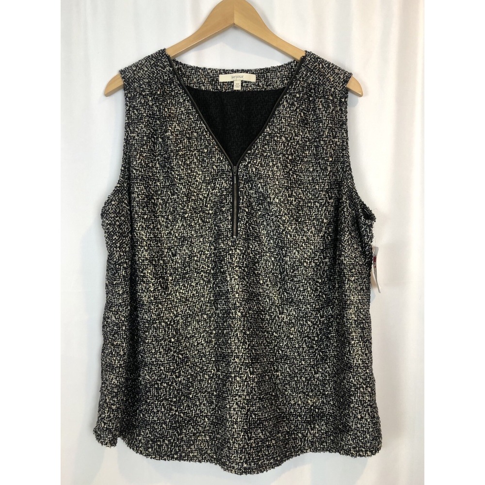 Sejour V Neck Zippered Sleeveless Blouse Size 16 Black Metallic Textured Career